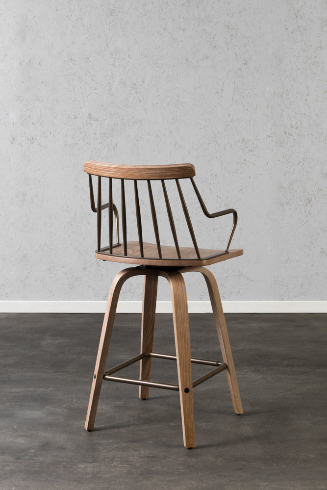 כיסא בר מעץ מלא עם פסי מתכת
