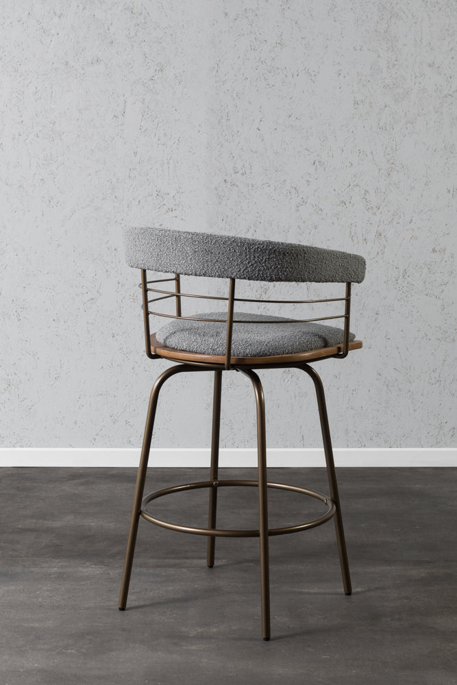 כיסא בר מרופד משענת מעוגלת בשילוב מתכת בד אפור