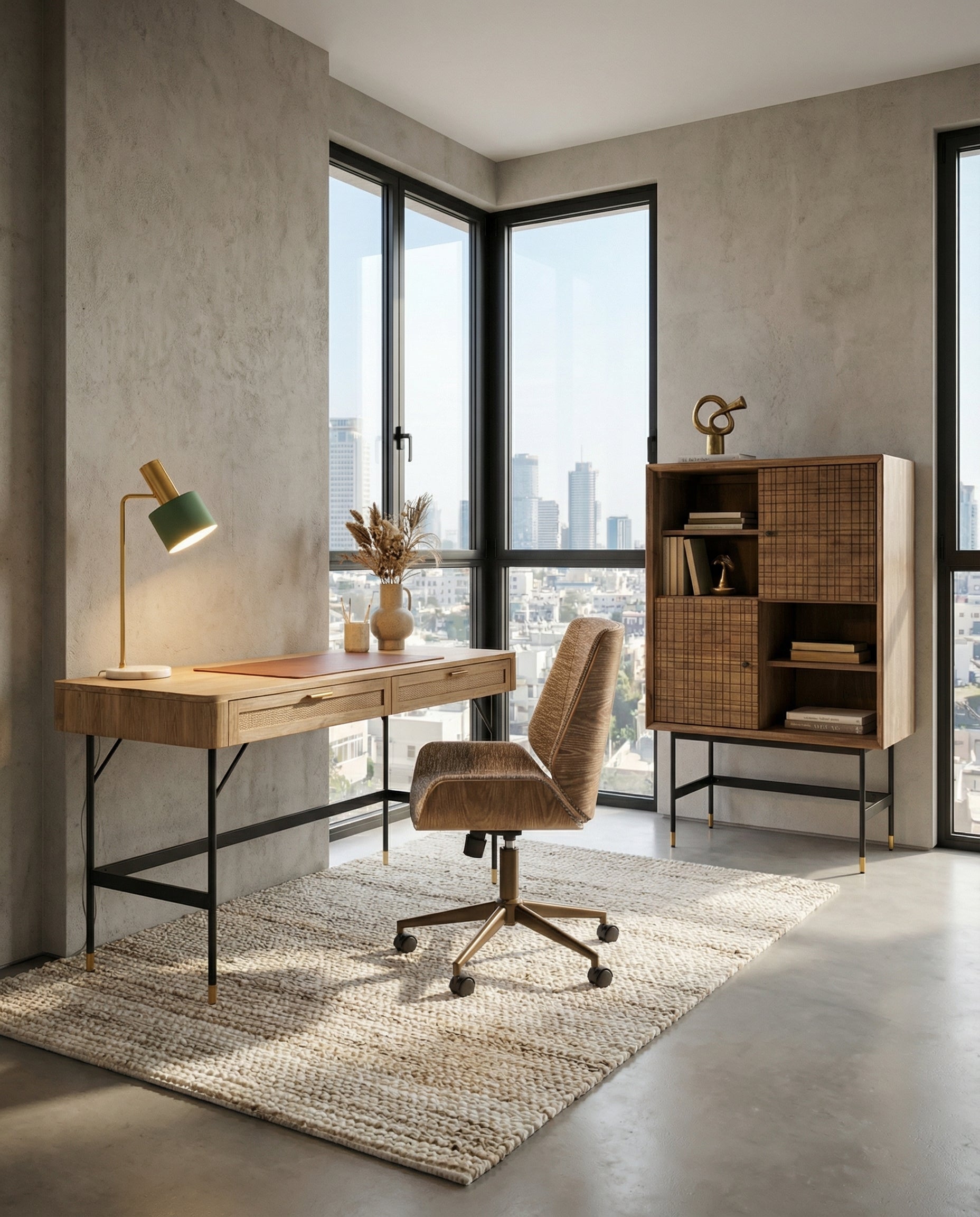 כיסא משרדי מרופד בד חום בעל משענת נמוכה