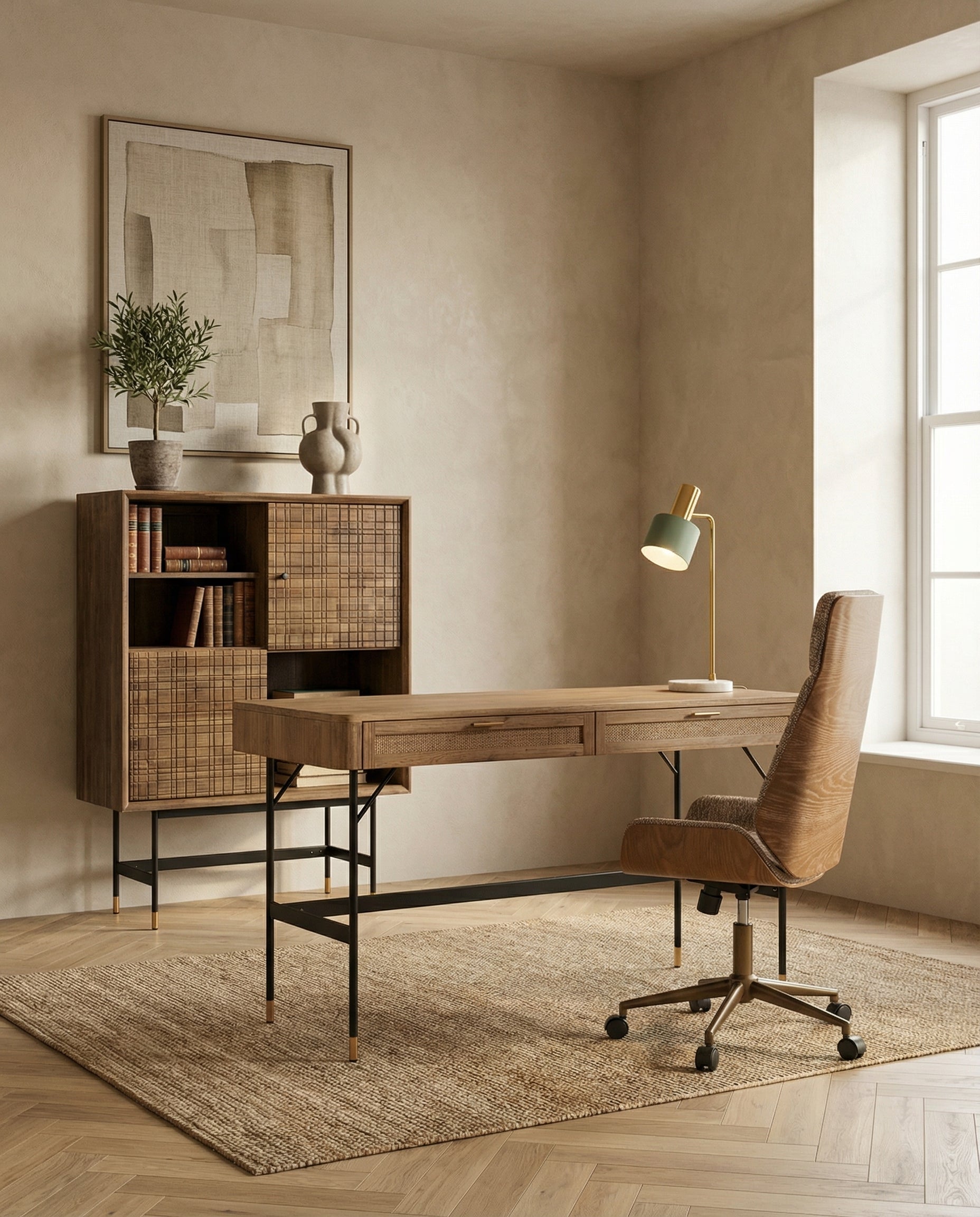 כיסא משרדי מרופד בד חום בעל משענת גבוהה