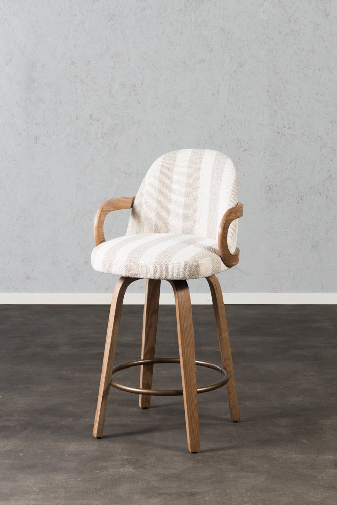 כיסא בר מרופד ידיות עץ בד פסים בהיר