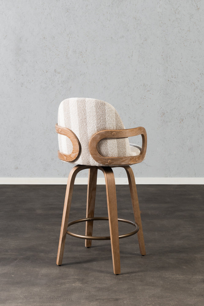 כיסא בר מרופד ידיות עץ בד פסים בהיר