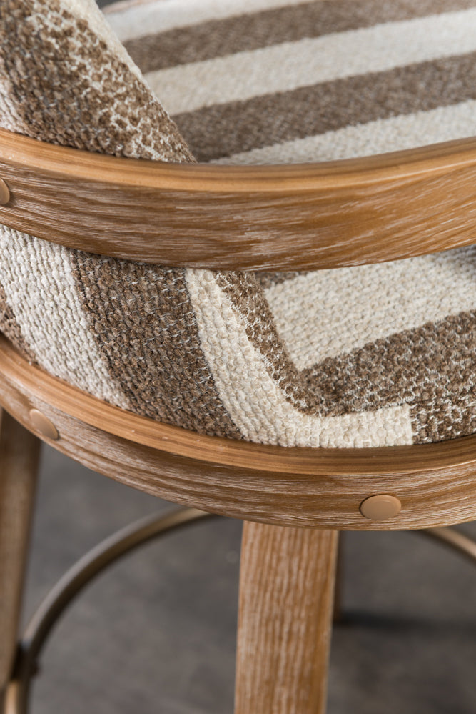 כיסא בר מרופד ידיות עץ בד פסים חום