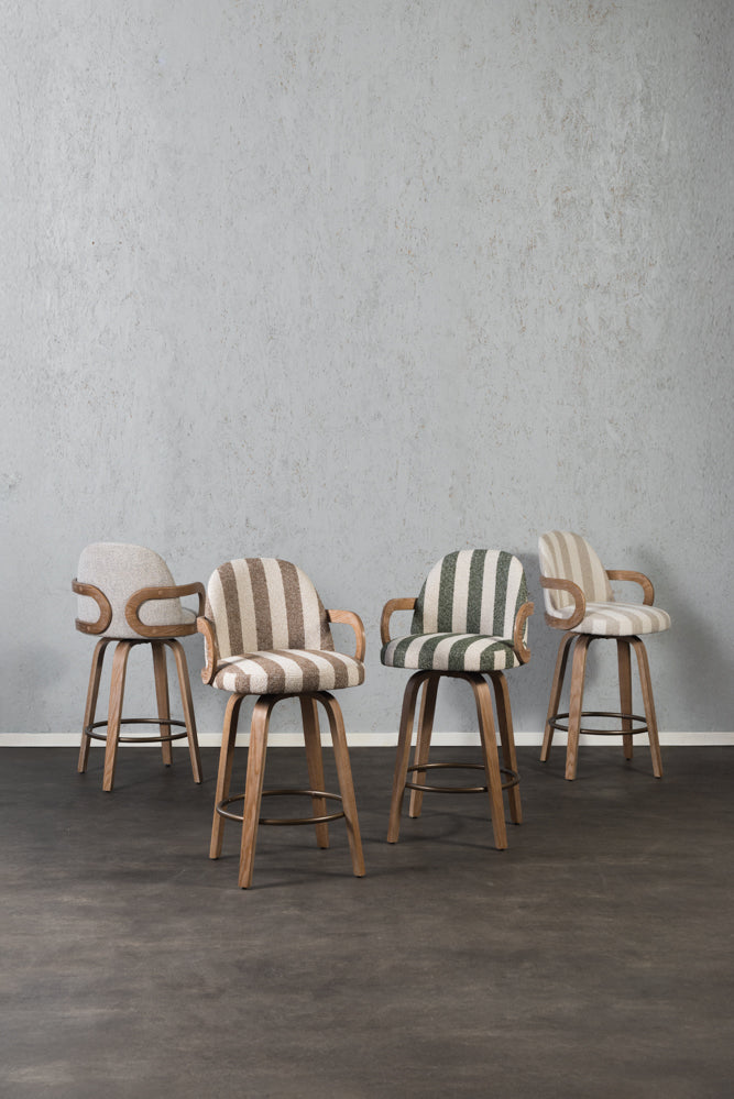 כיסא בר מרופד ידיות עץ בד פסים חום