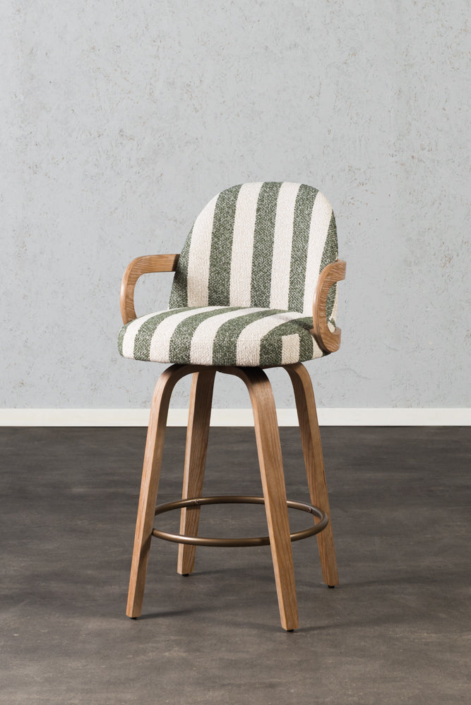 כיסא בר מרופד ידיות עץ בד פסים ירוק
