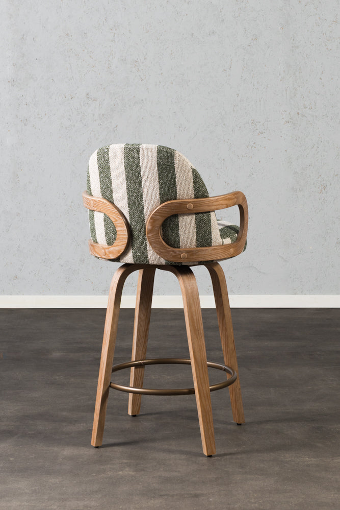 כיסא בר מרופד ידיות עץ בד פסים ירוק