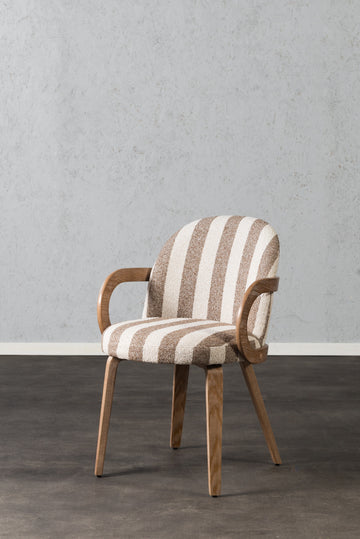 כיסא מרופד ידיות עץ בד פסים חום