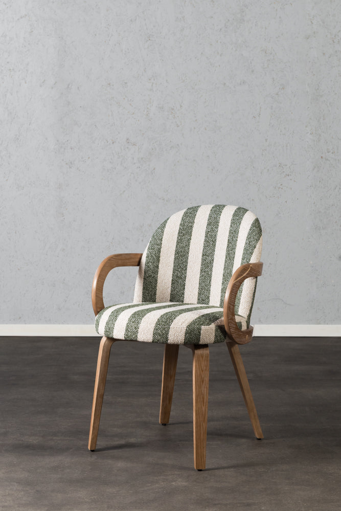 כיסא מרופד ידיות עץ בד פסים ירוק