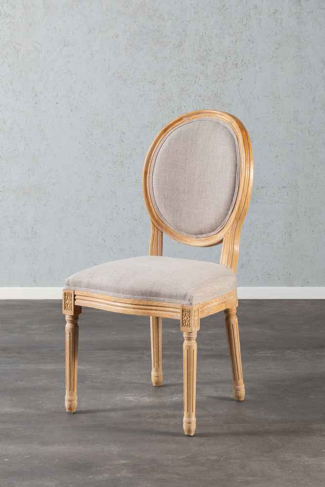 כיסא מעץ מלא משענת עגולה מרופדת -  בד בז'