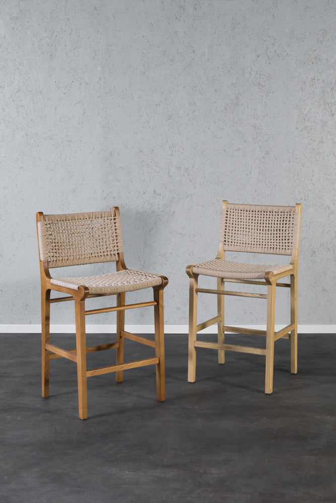 כיסא בר חבלים מעץ מלא גוון עץ טבעי